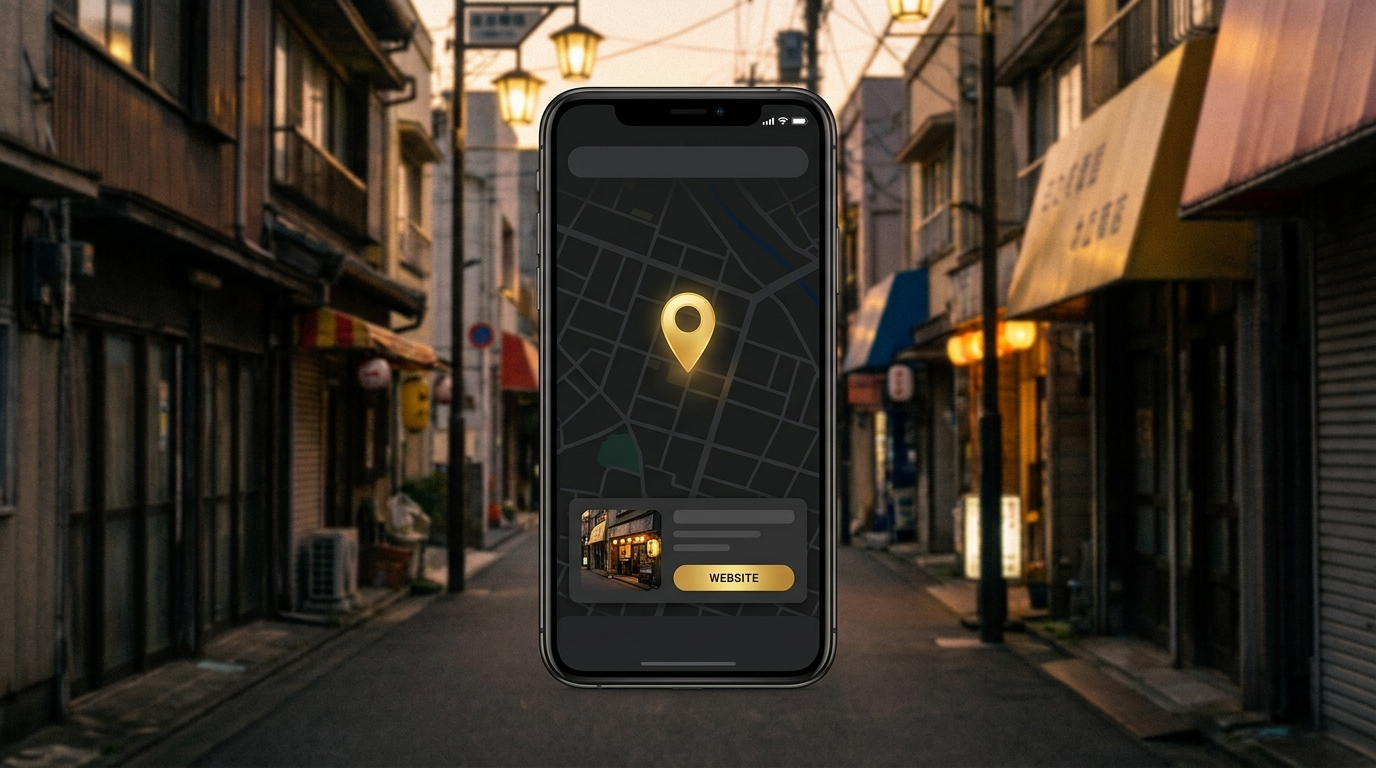 地図アプリで地域名とサービス名を検索し、表示されたお店のホームページを見ているイメージ