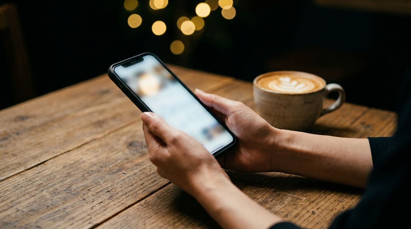 カフェの席でスマートフォンを使い、近くのお店を調べて比べている女性の手元