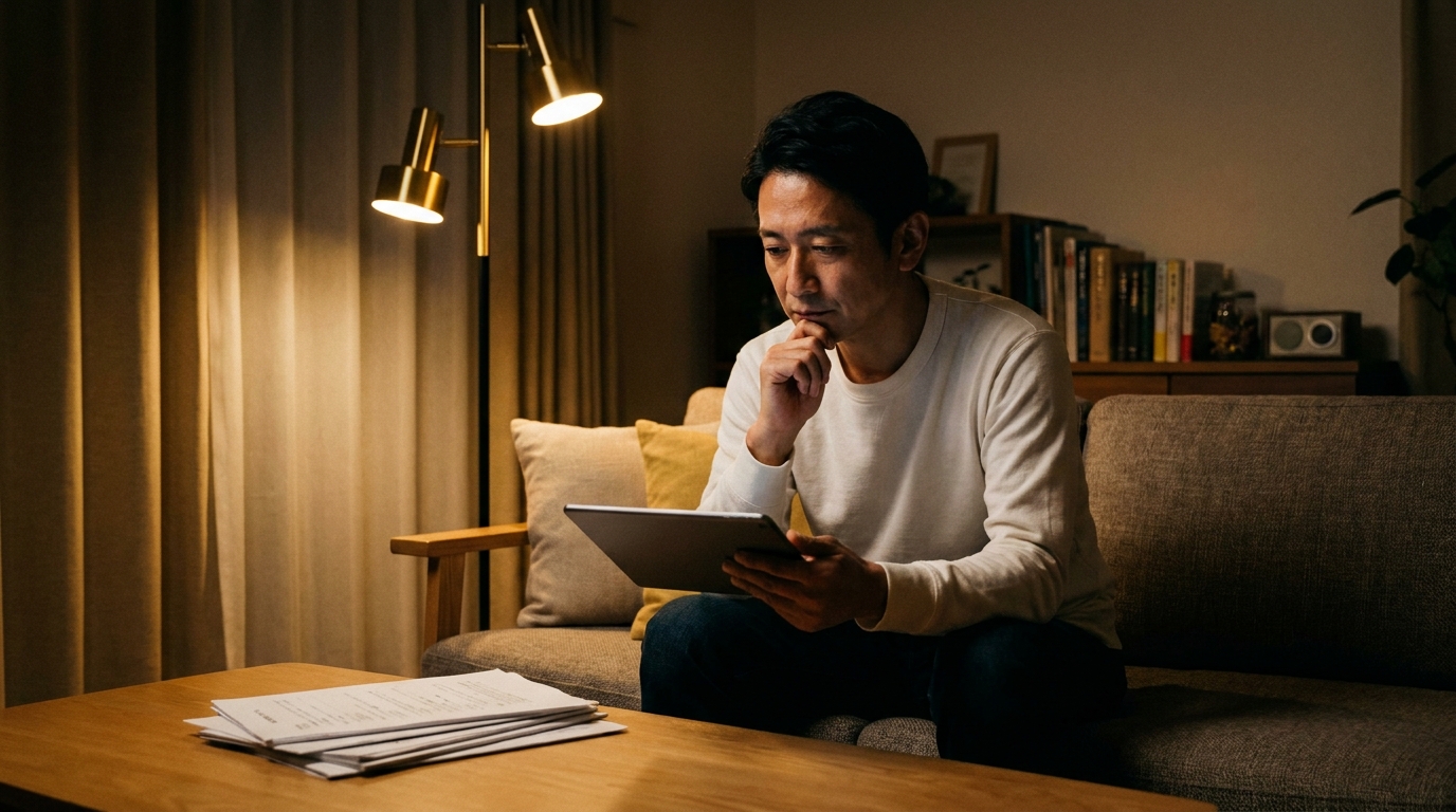 自宅のリビングでタブレットを見ながら、相談先の事務所に連絡するか迷っている中年男性
