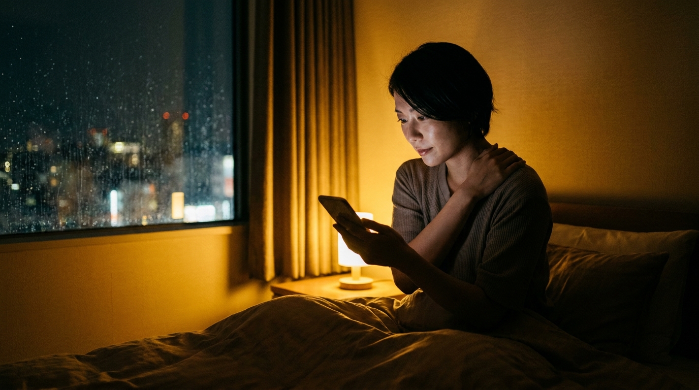 夜遅くにベッドの上でスマートフォンを見ながら、予約先を探している女性