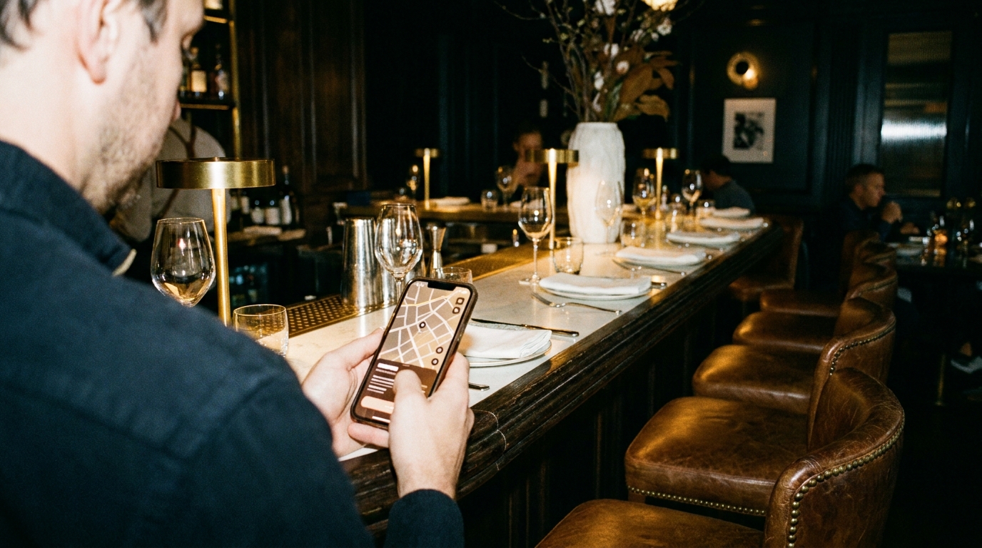 落ち着いた照明の飲食店のカウンター席で、スマートフォンでお店を探すお客様のイメージ