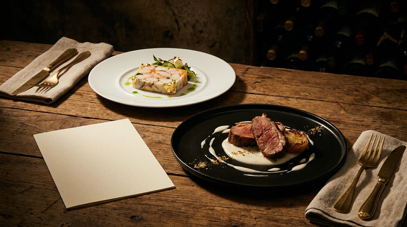 木のテーブルに並んだ料理と手書き風のメニュー表を、暗めの照明で写した飲食店のイメージ