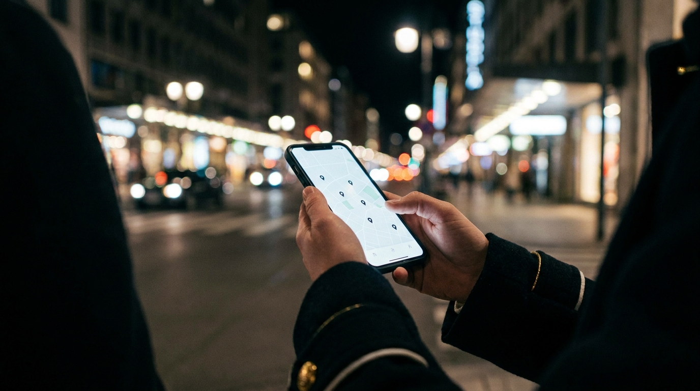 夜の街でスマートフォンの地図を見ながら飲食店へ向かう人の手元のイメージ