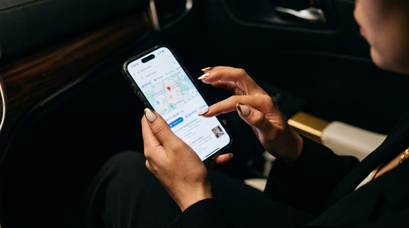 スマートフォンの地図と検索結果で近くの美容室を探している手元のイメージ