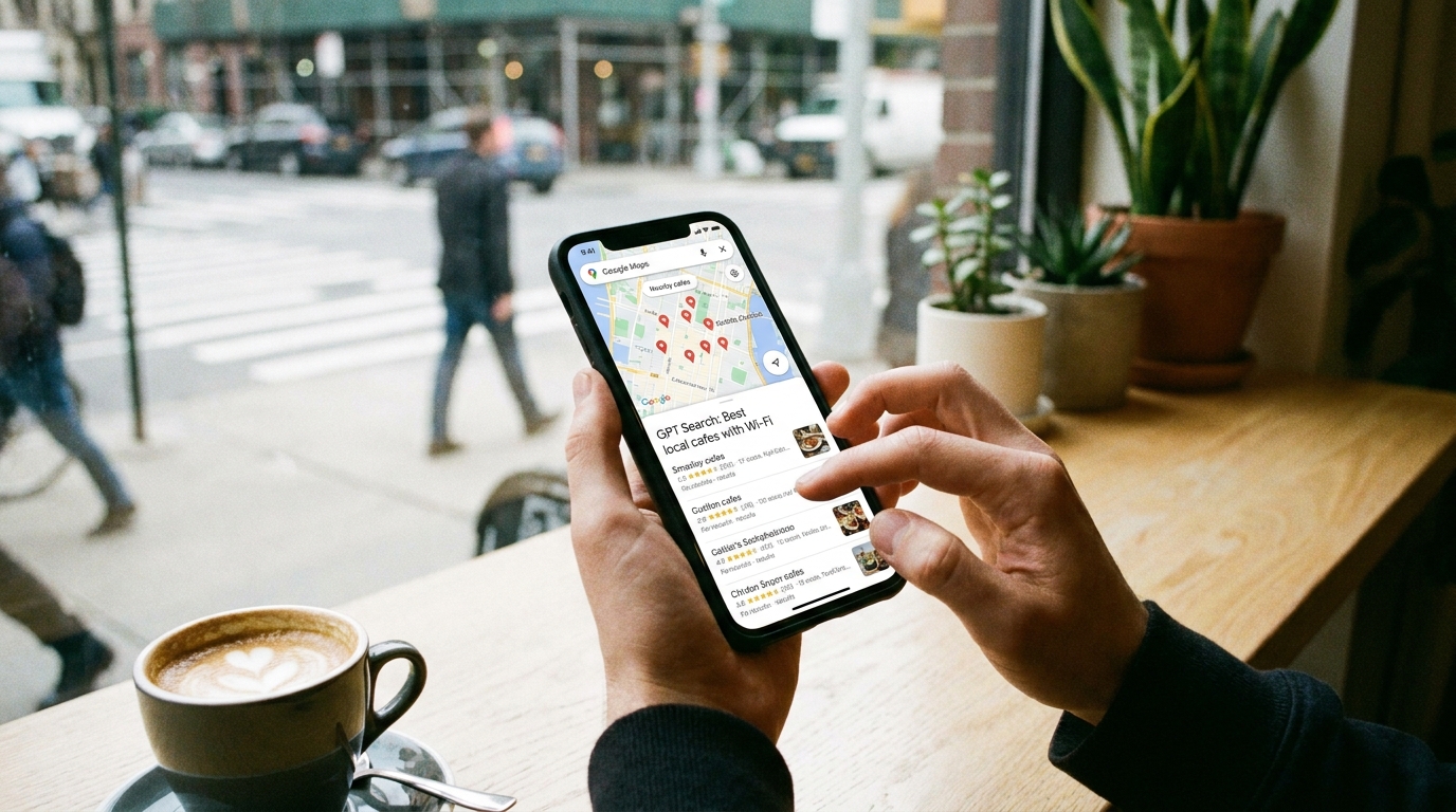 スマートフォンでGoogleマップ検索やAI検索をしているイメージ