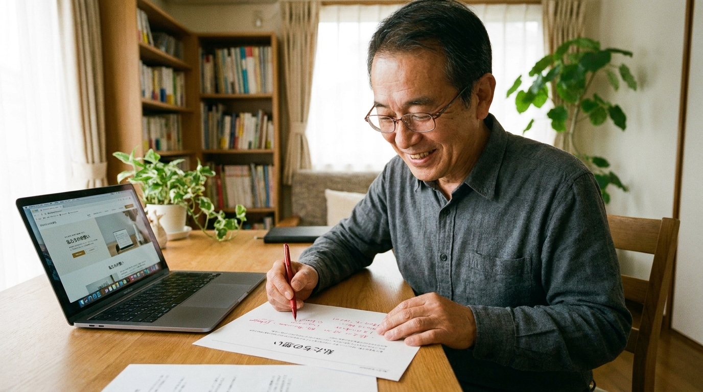 事業者が自分の言葉でホームページの文章を確認しているイメージ