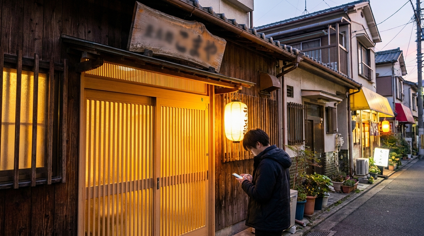 夕方の飲食店の入口に掛けられた営業中の札と、店先でスマートフォンを確認するお客様