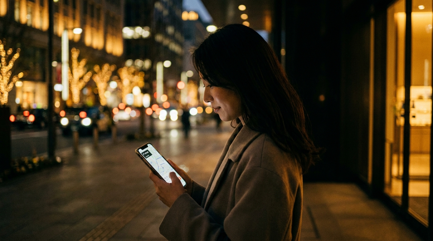 出かける前にスマートフォンでお店の営業時間とアクセスを確かめる女性