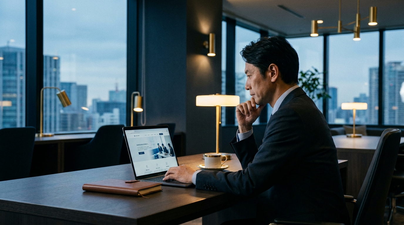 依頼の前にノートパソコンで会社名を検索し公式ホームページを確かめるビジネスパーソン