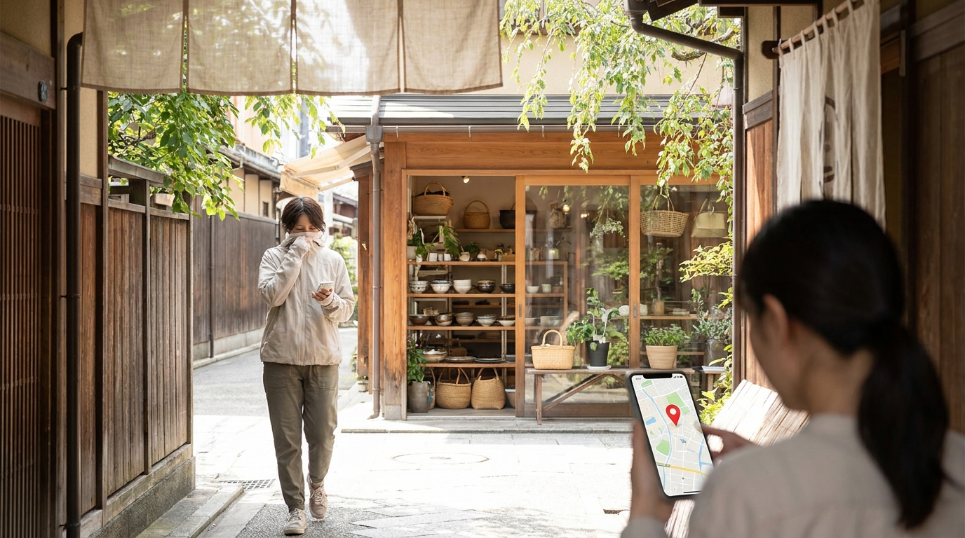 スマートフォンの地図を見ながら、商店街の小さな雑貨店へ向かうお客様