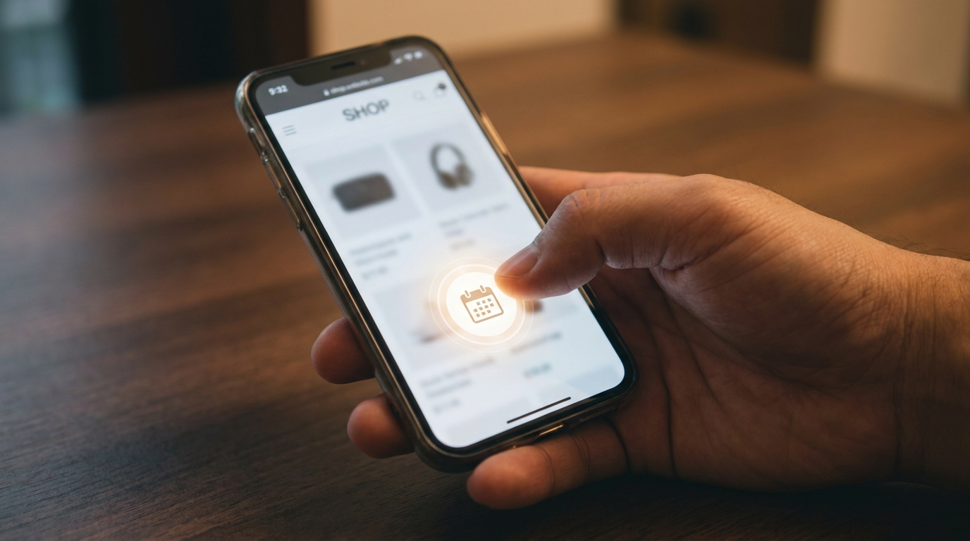 スマートフォンでお店のホームページの予約ボタンを押そうとしている手元