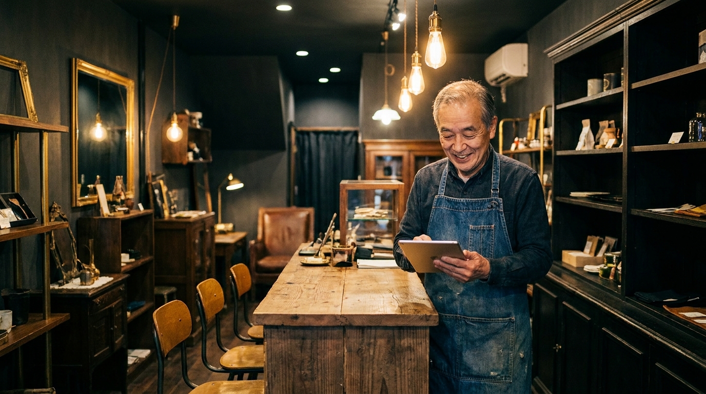 自分のお店の公式ホームページをタブレットで確認しながら整える店舗オーナー