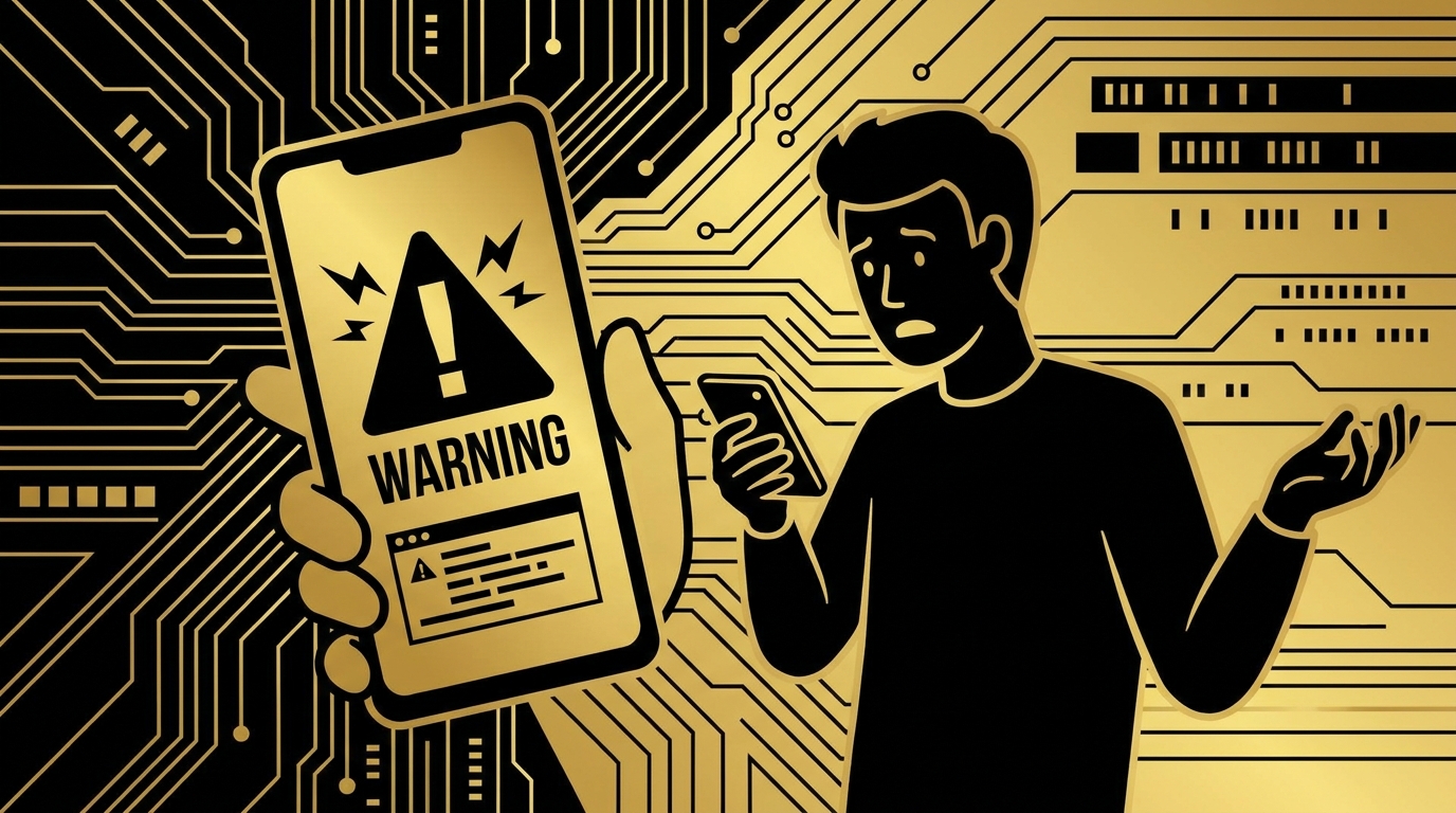 スマートフォンでホームページを閲覧し、警告表示に気づいて驚いている人のイメージ