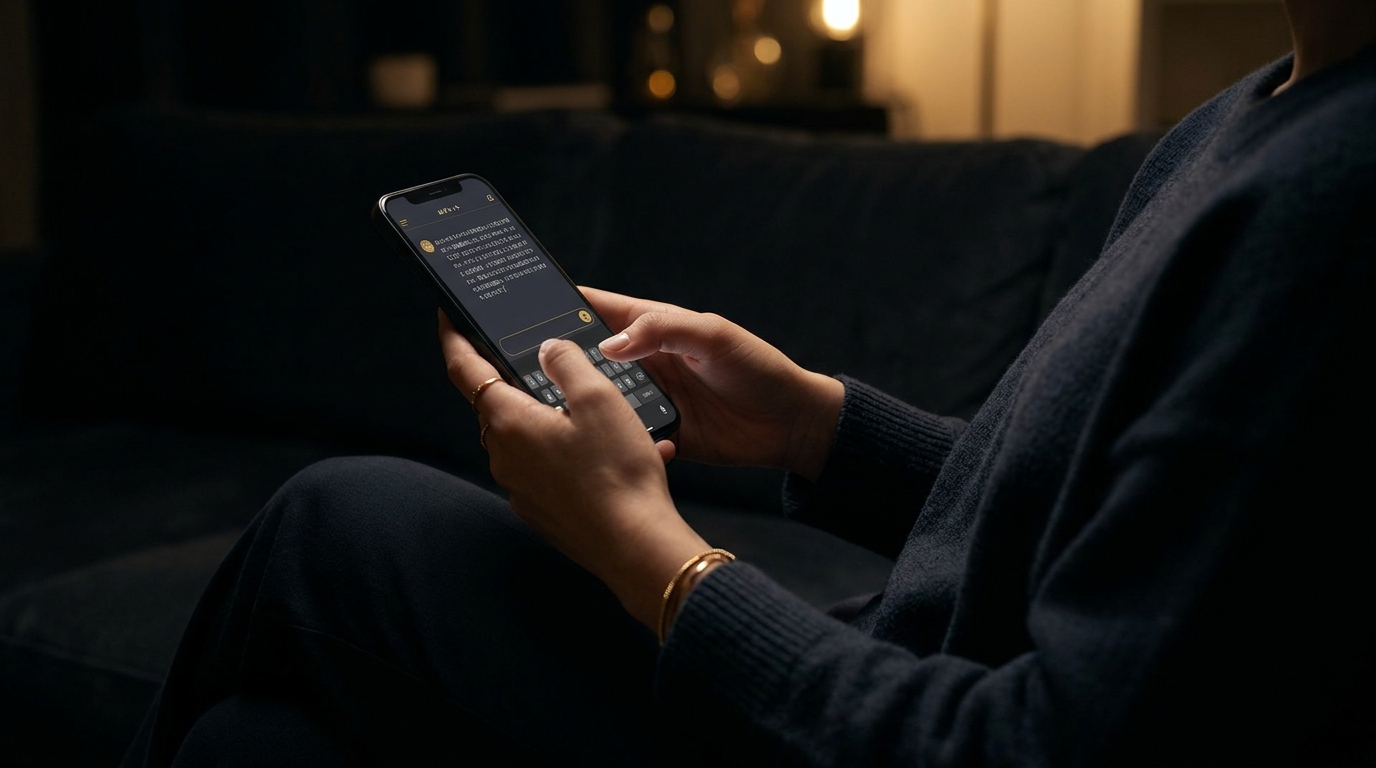 夜の部屋でスマートフォンのAIチャットに、地域や条件を入れた質問文を入力している手元のイメージ