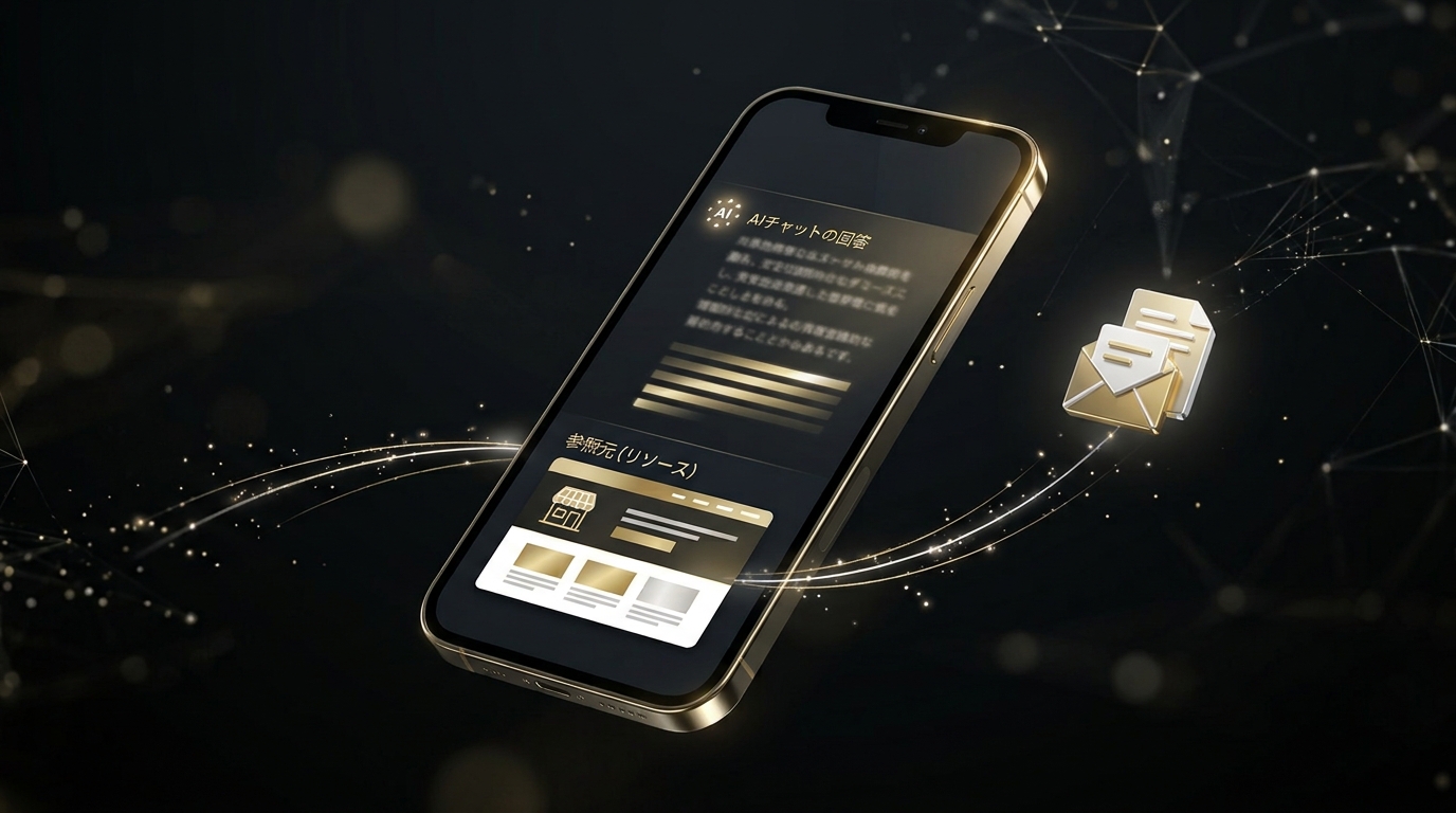 アイキャッチ　AIチャットの回答から会社の公式ホームページへ問い合わせがつながるAI集客のイメージ