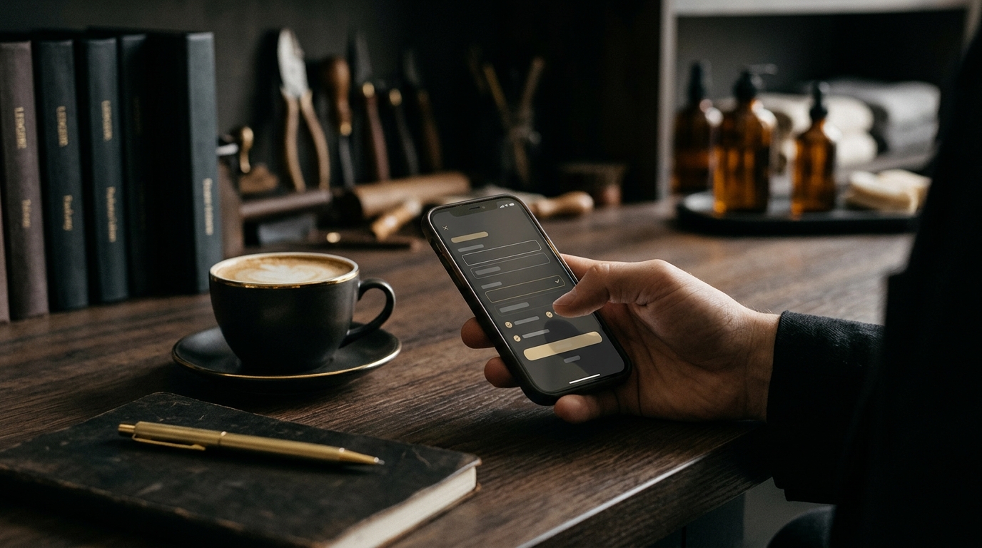 仕事の合間にスマートフォンでヒアリングの質問に短時間で答えている個人事業主の手元