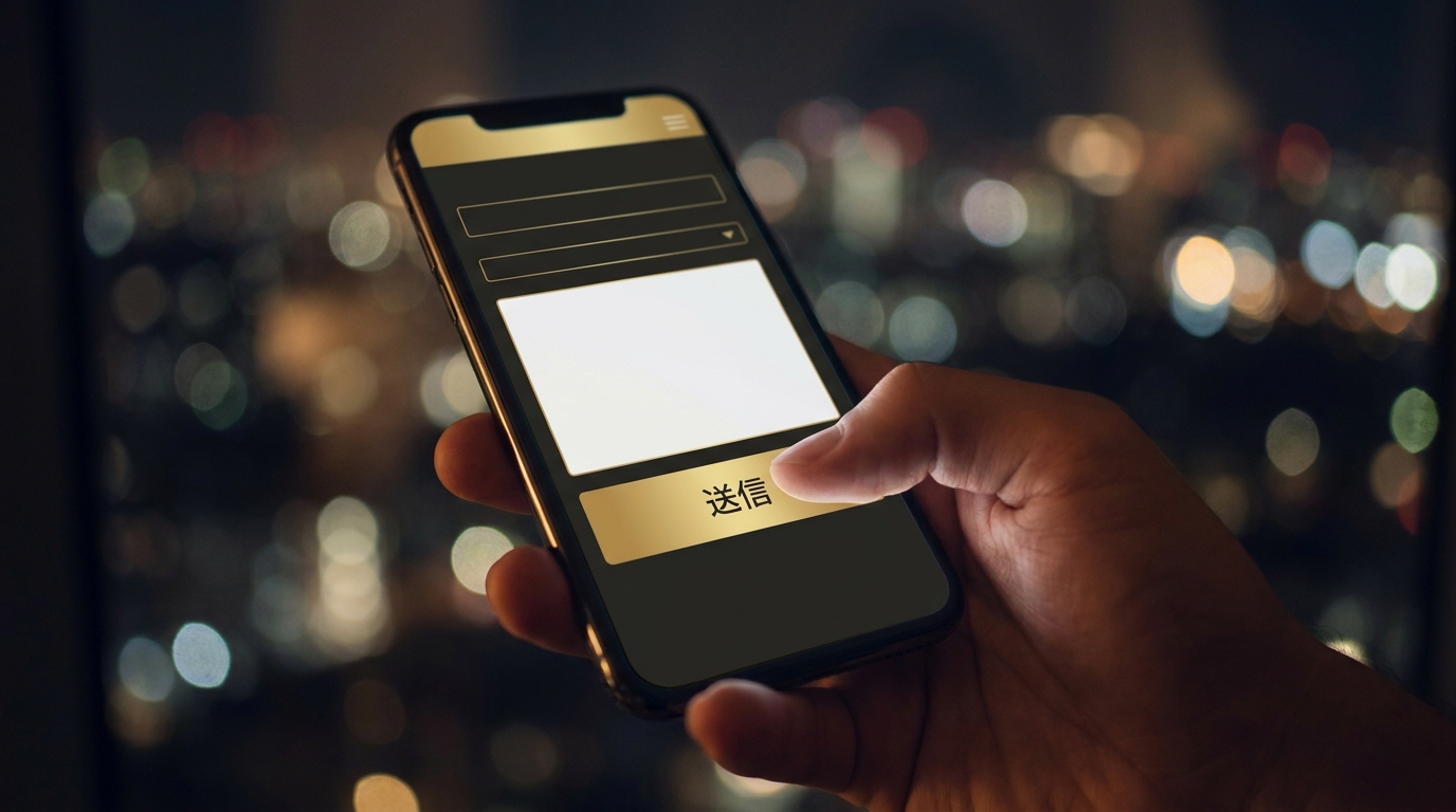 スマートフォンで問い合わせフォームに親指で入力している手元のイメージ