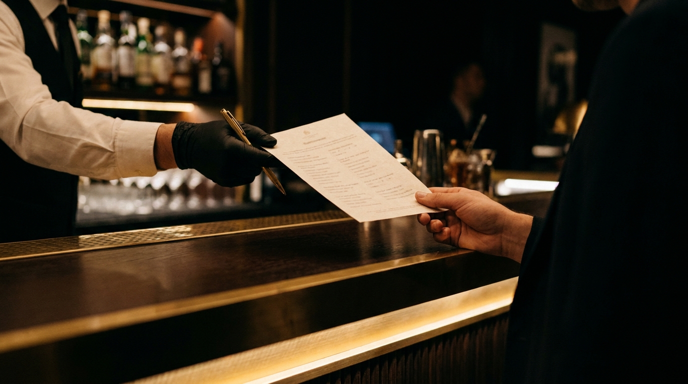 お店のカウンターで、お客様にアンケート用紙への記入と掲載の許可をお願いしているイメージ