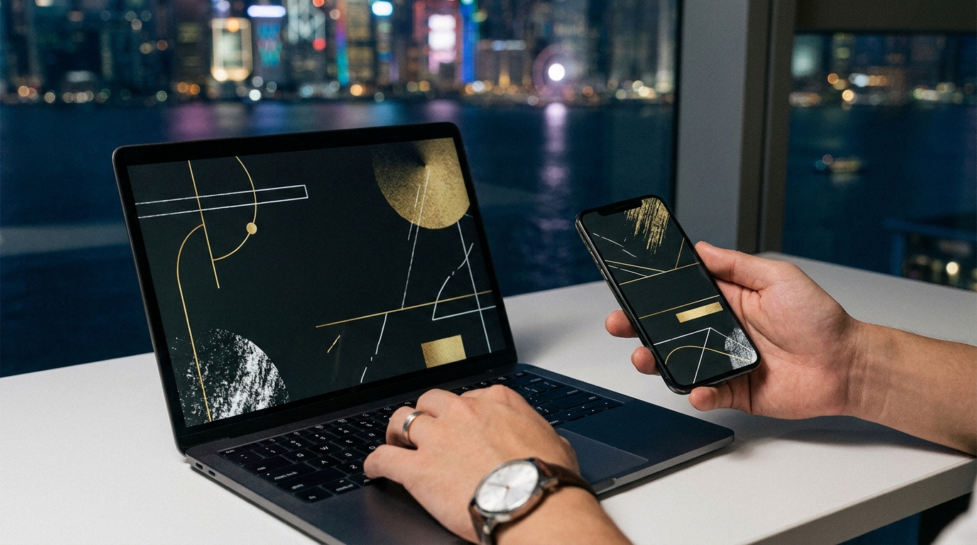 ノートパソコンとスマートフォンで自社のホームページを見比べながら点検する事業者の手元のイメージ