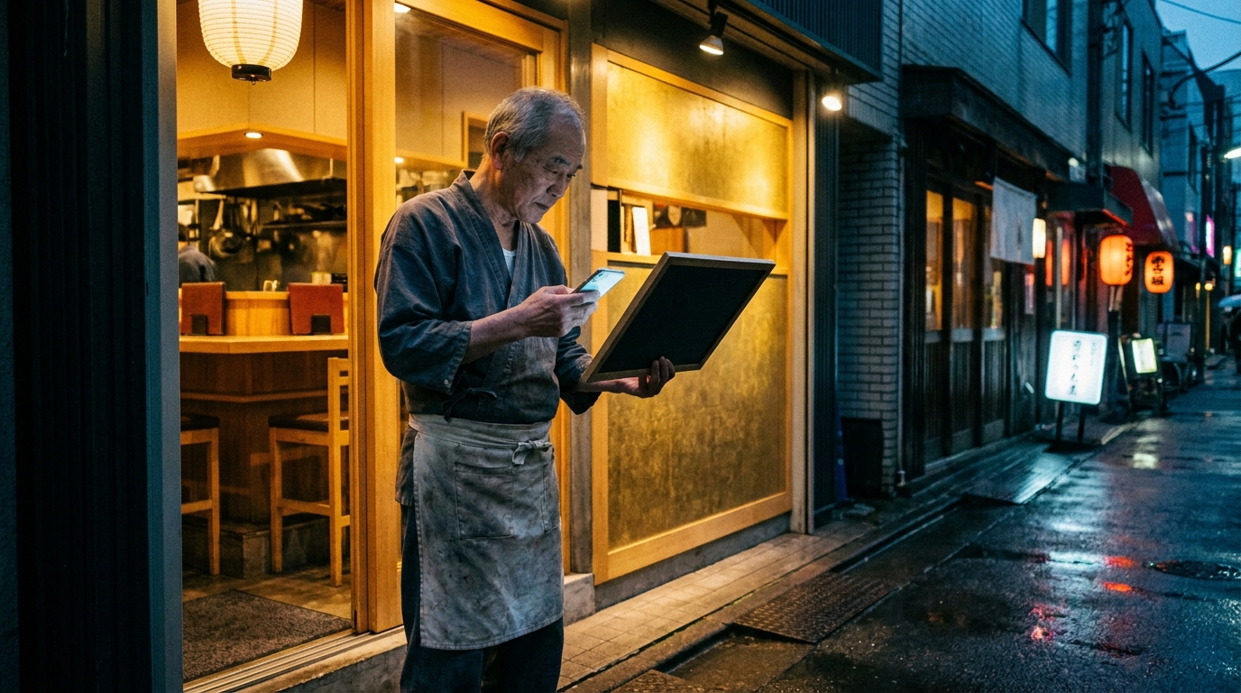 店頭の営業時間の案内を見ながらスマートフォンでホームページの情報を確認する店主