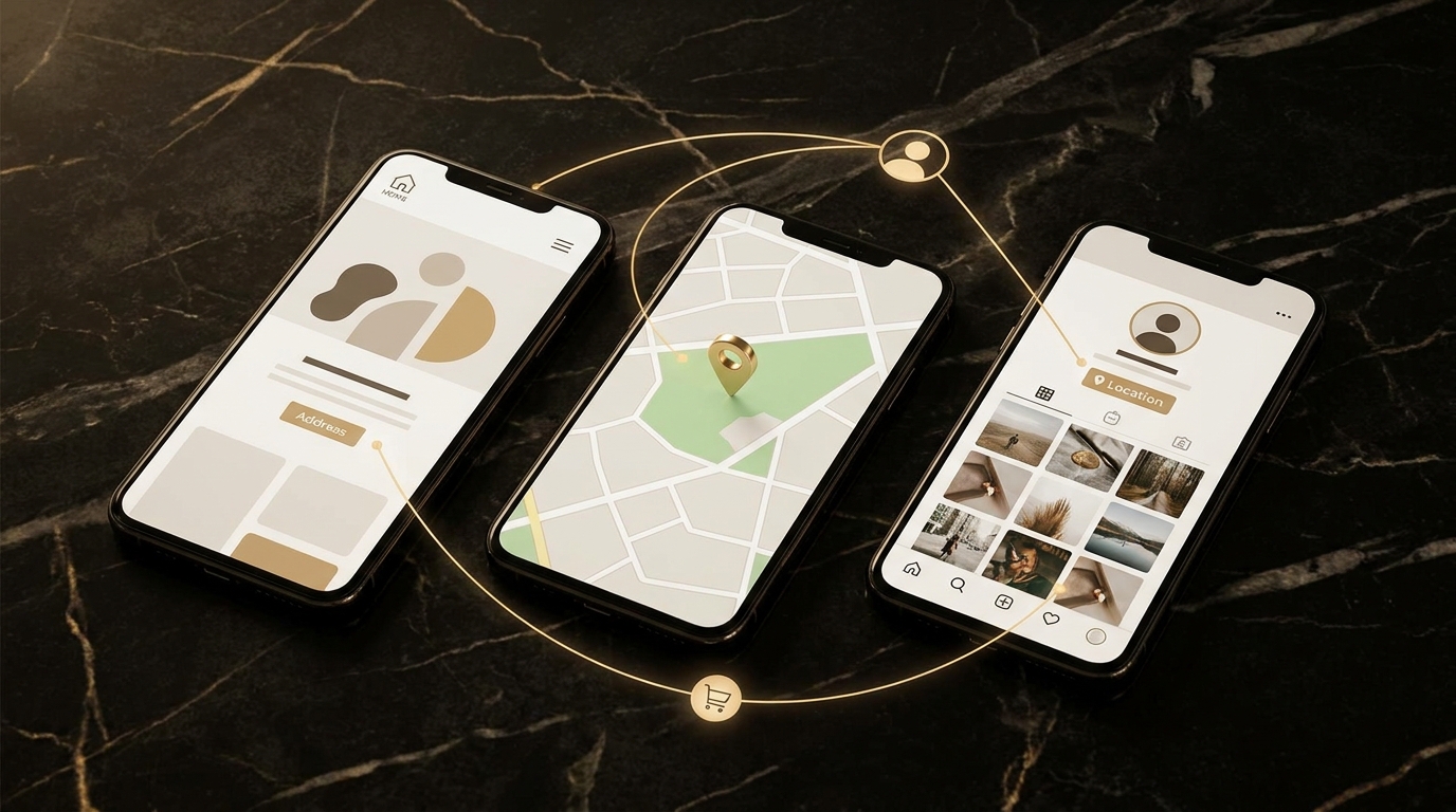 ホームページ・地図アプリ・SNSの店舗情報がそろっている様子を表す、スマートフォン3台のイメージ