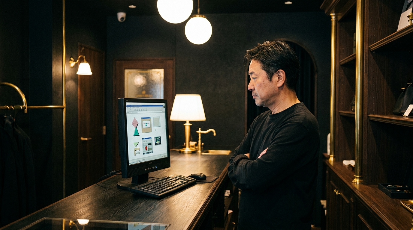 何年も更新していない古いホームページを見て、作り直しを考える店主のイメージ
