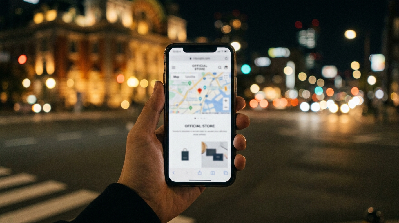 SNSで見つけたお店をスマートフォンで検索し公式ホームページで営業時間を確かめる人の手元のイメージ