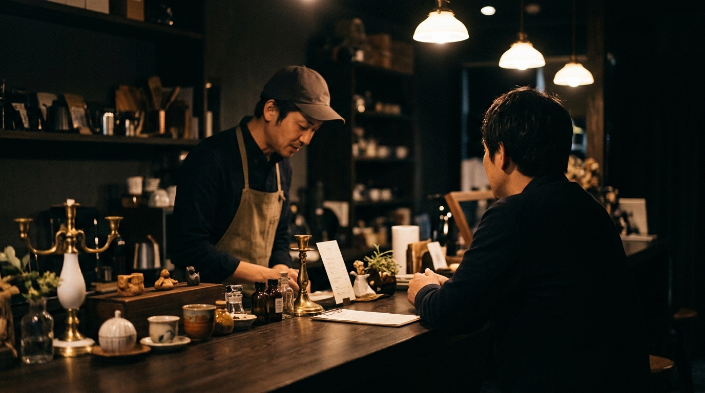 店舗のカウンター越しに、店主とお客様が笑顔で会話している落ち着いた雰囲気のイメージ