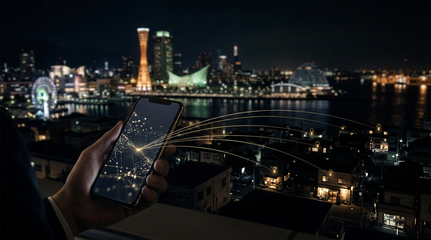 アイキャッチ｜神戸の夜景を背景に、スマートフォンのAI検索から店舗や会社がおすすめとして選ばれていくイメージ