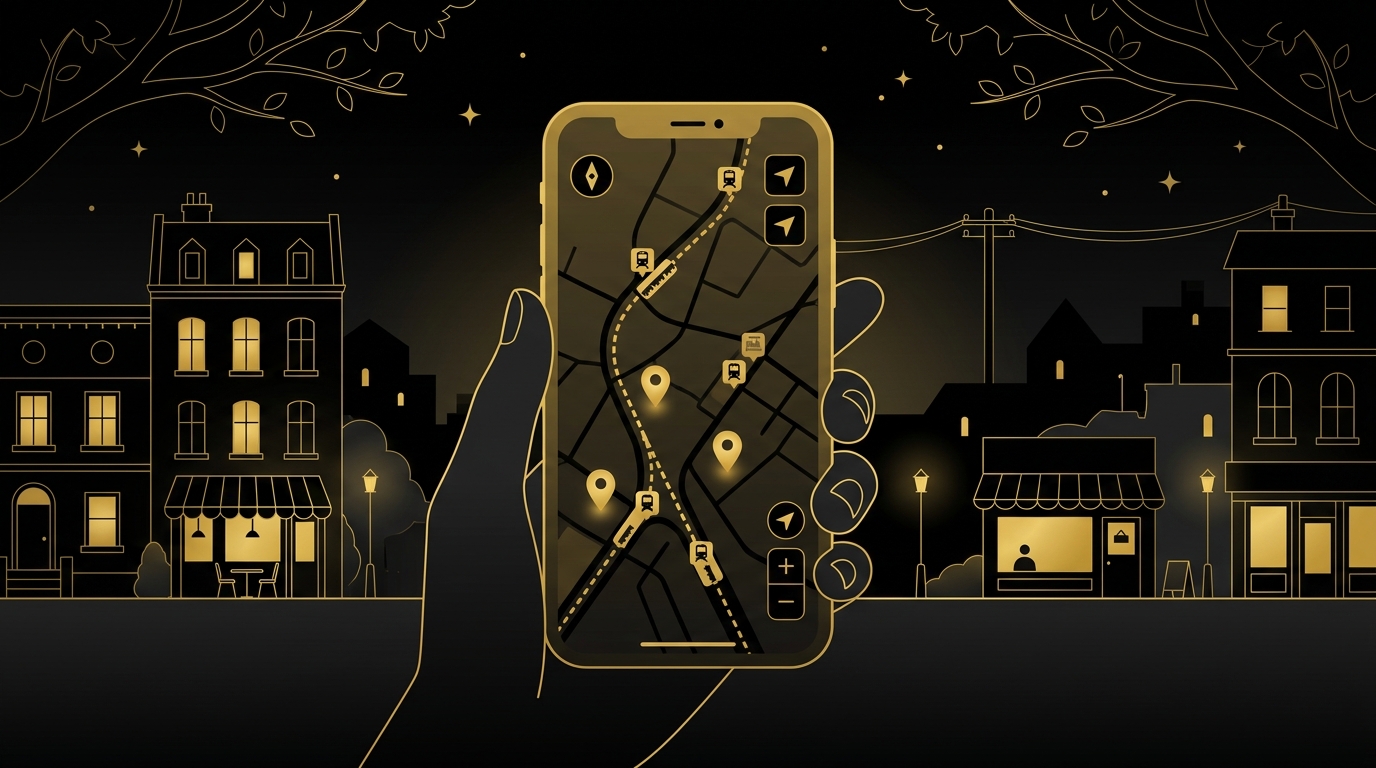 スマートフォンの地図アプリで、駅名とエリアからお店を探しているイメージ