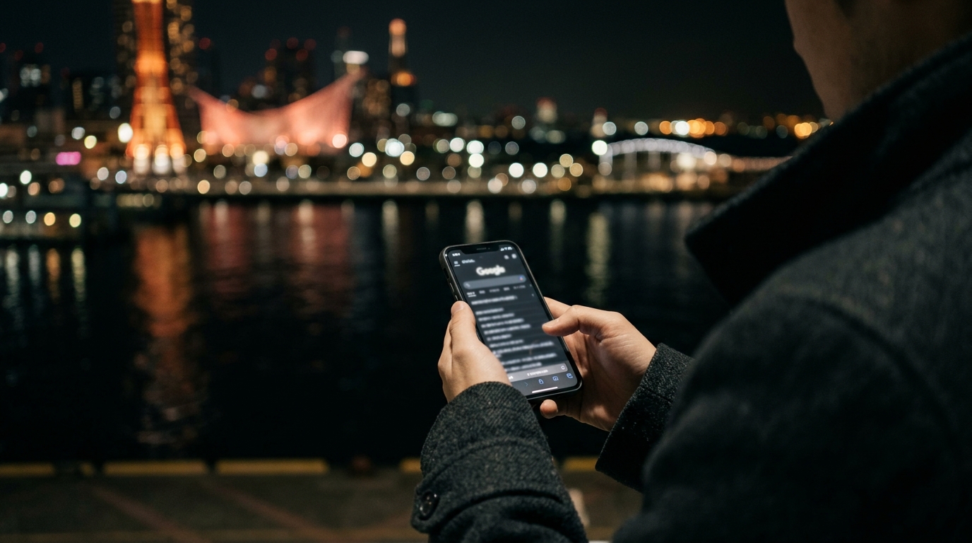 アイキャッチ：神戸の港の夜景を背景に、スマートフォンで「神戸＋業種」を検索しているイメージ