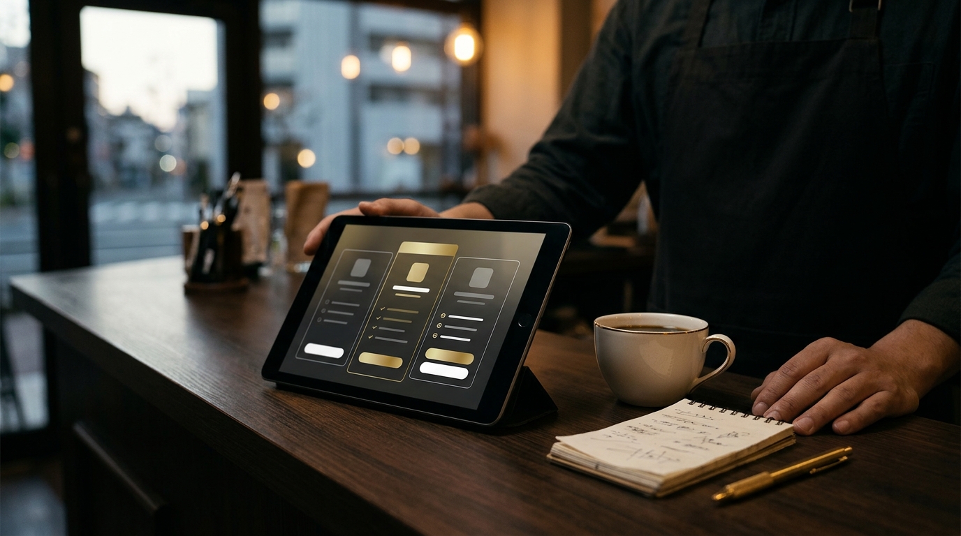 神戸の小さなお店のカウンターで、店主がタブレットに表示した月額制ホームページの料金を確かめている手元
