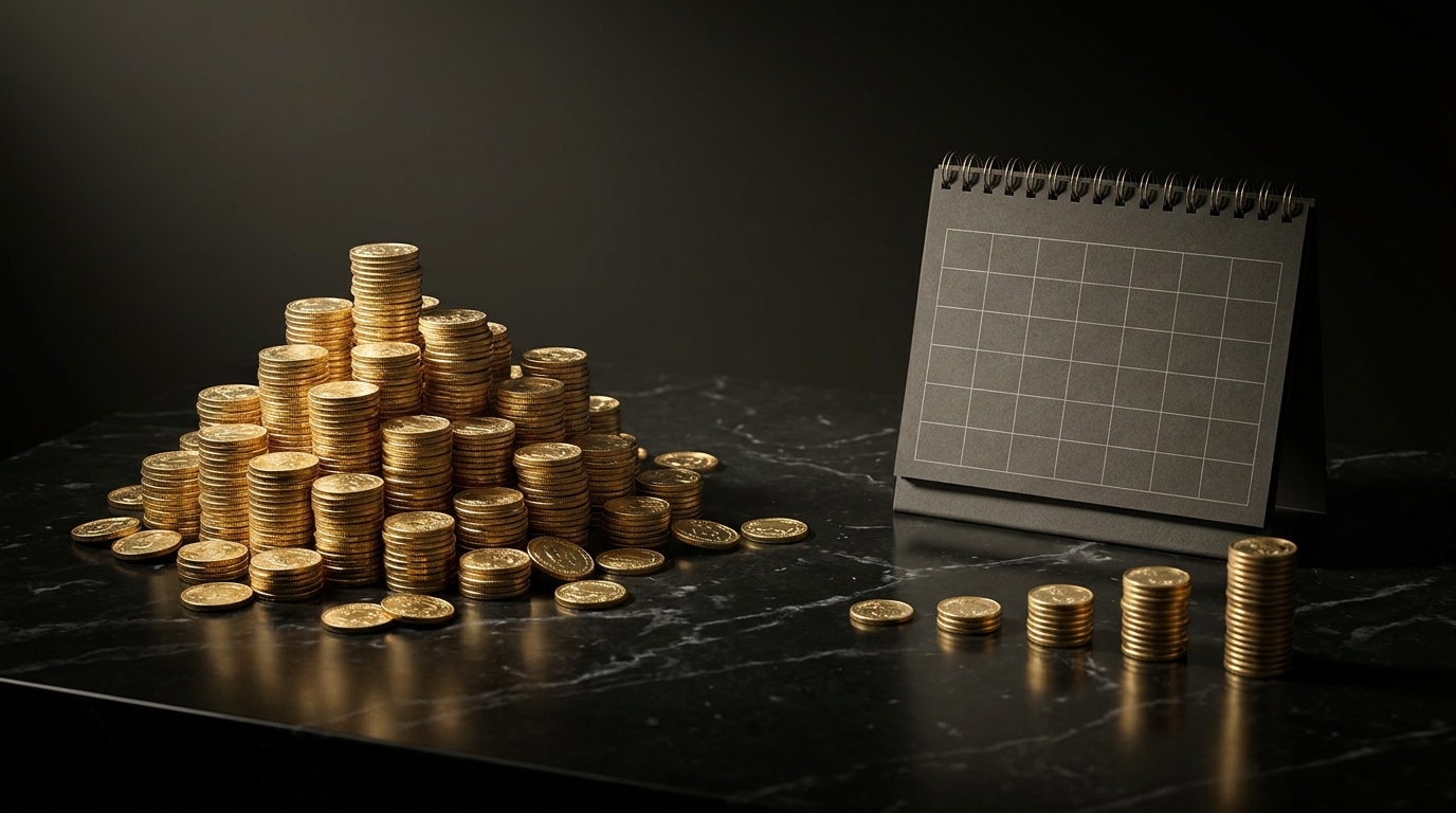 一括払いの大きな金貨の山と、毎月少しずつ積み上がる小さな金貨を並べて、買い切り型と月額制の違いを表したイメージ