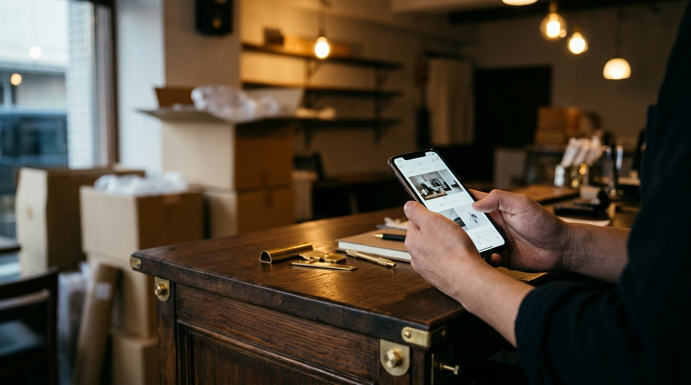 開業準備中の小さな店舗のカウンターで、スマートフォンに表示された自店のホームページを確認する店主の手元
