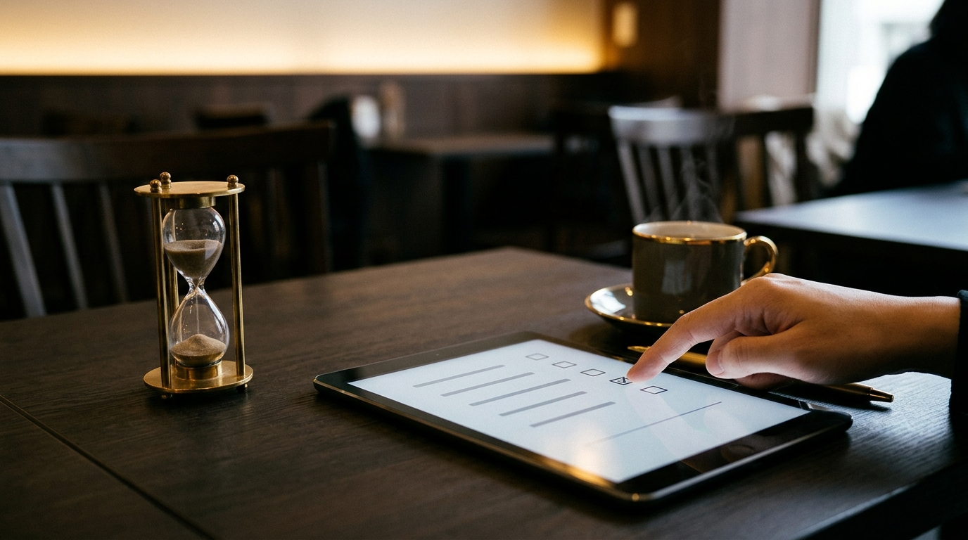 タブレットに表示されたヒアリングフォームに、短時間で回答を入力している手元のイメージ