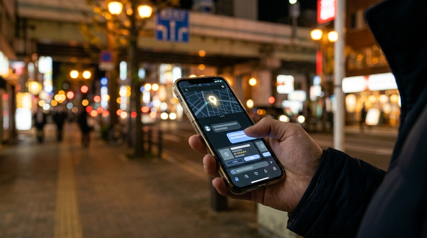 夜の神戸の街並みを背景に、スマートフォンで地図とAI検索の結果を見ながらお店を探している手元