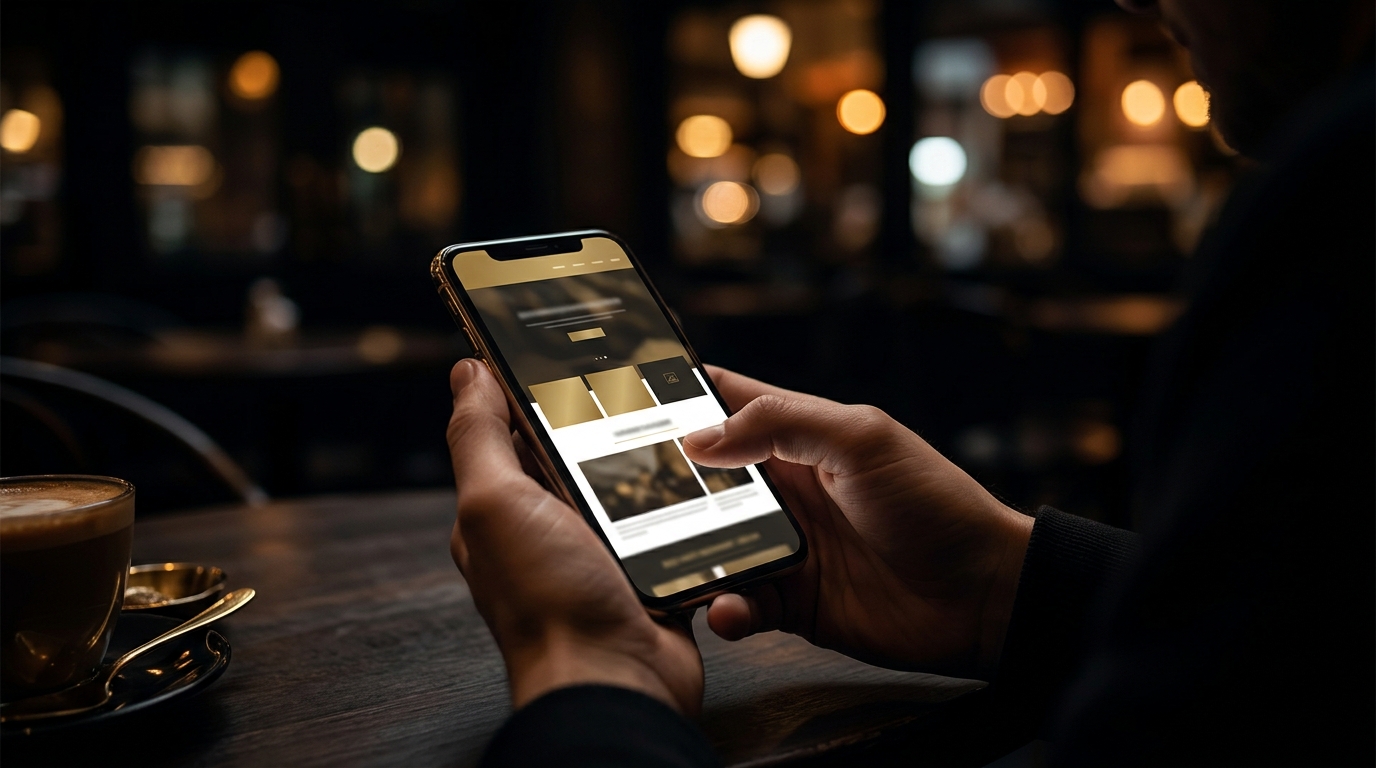 夜のカフェで、スマートフォンから地元のお店のホームページを確認している人の手元