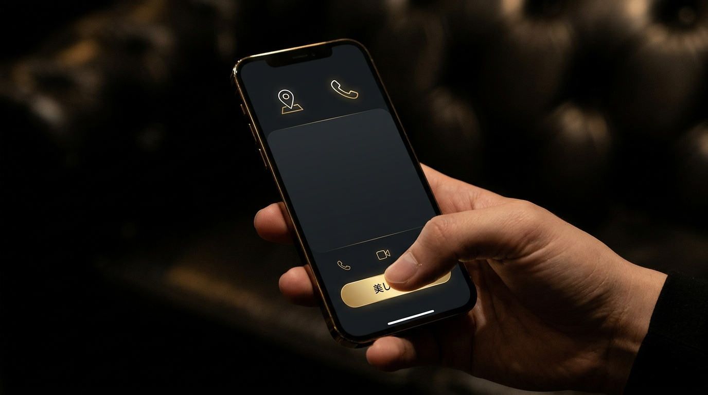 スマートフォン画面に大きく表示されたお問い合わせボタンを、親指でタップしようとしている様子