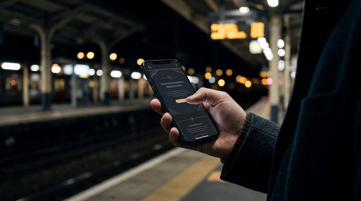 駅のホームで、拡大せずに読める文字サイズのホームページをスマートフォンで見ている人の手元