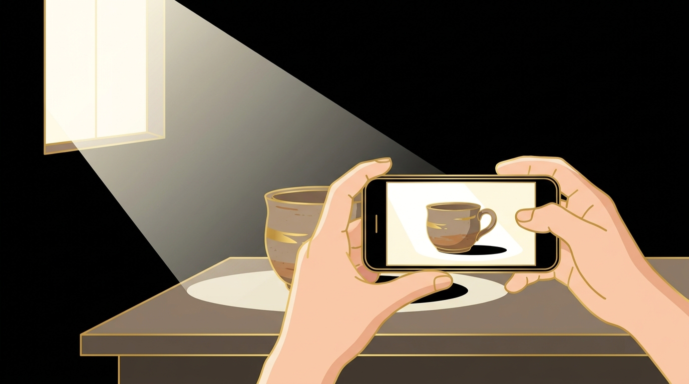 窓際の明るい場所で、スマートフォンを横向きにして商品を撮影している手元のイメージ