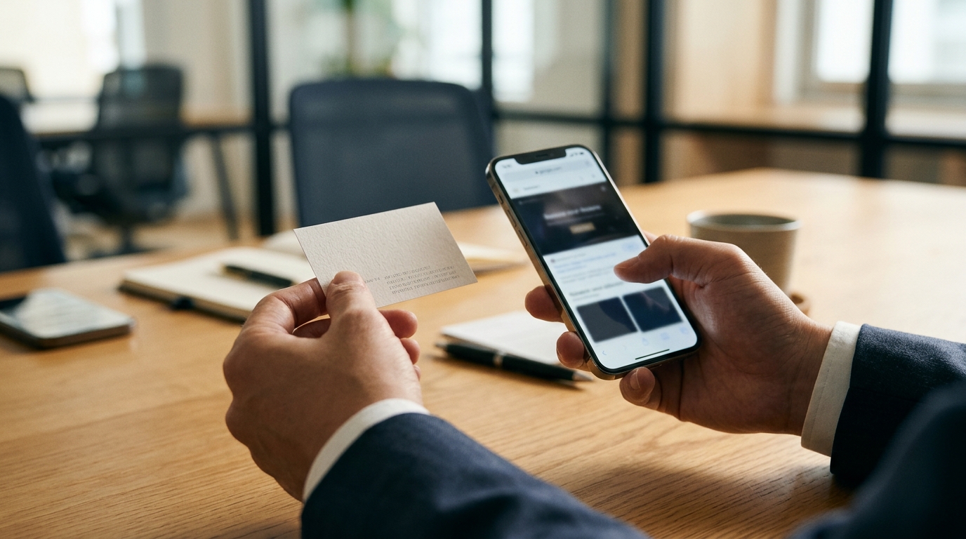 名刺を受け取った相手がスマートフォンで会社名を検索して確かめている様子