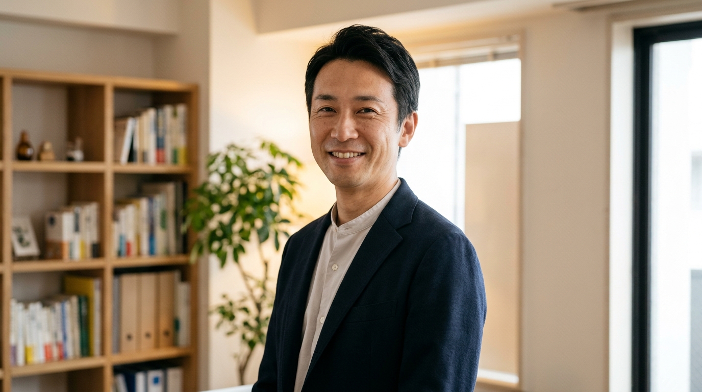 創業したばかりの代表者がプロフィール写真の撮影に臨む様子