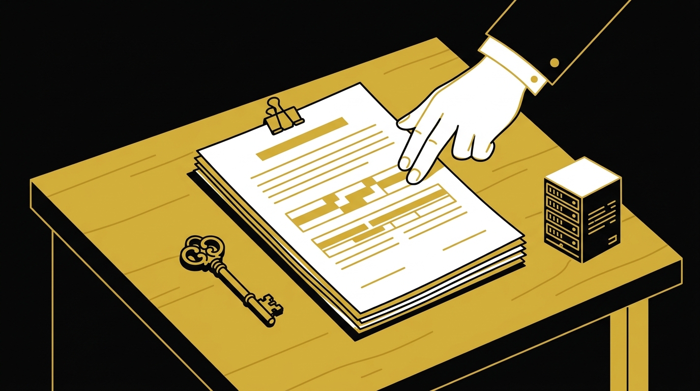 鍵と契約書類、サーバーを表す箱のアイコンが並ぶ、ドメインとサーバーの名義確認を表すイラスト