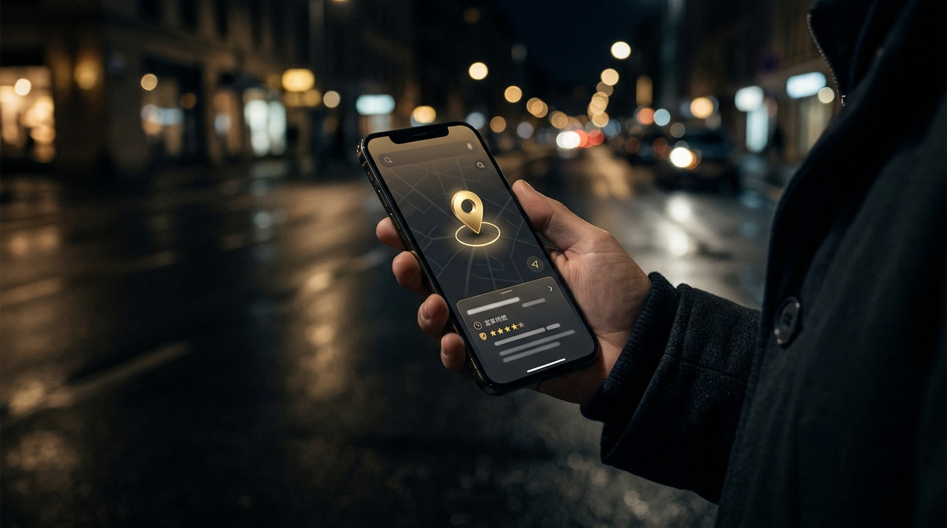 夜の街角で、スマートフォンの地図アプリに表示された近くのお店の営業時間と口コミを確かめている人の手元