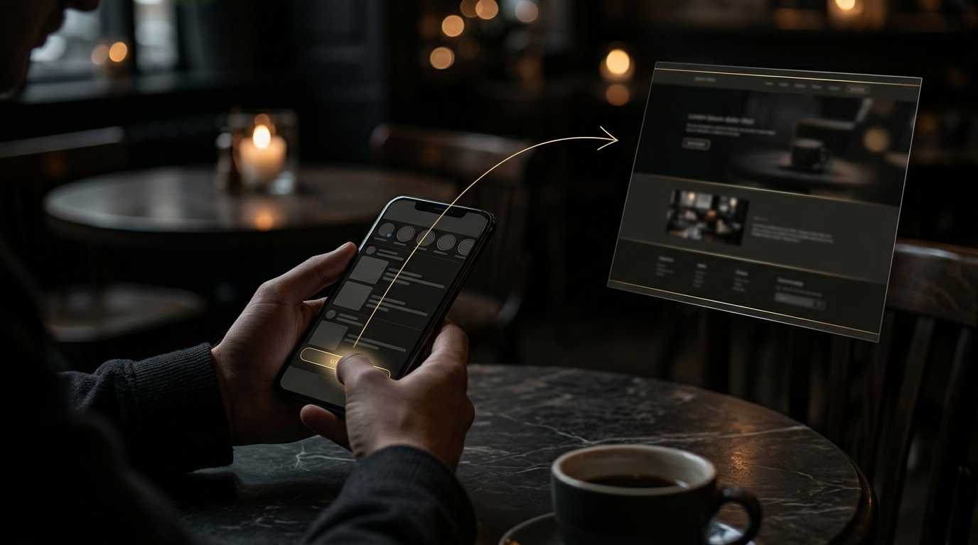 スマートフォンでSNSの投稿を見たあと、プロフィールのリンクからお店の公式ホームページを開こうとしている手元
